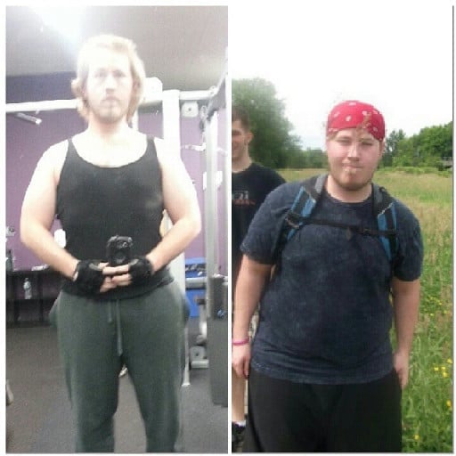 A before and after photo of a 5'8" male showing a weight reduction from 260 pounds to 210 pounds. A total loss of 50 pounds.