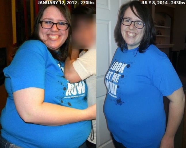 A before and after photo of a 5'6" female showing a weight reduction from 270 pounds to 243 pounds. A net loss of 27 pounds.