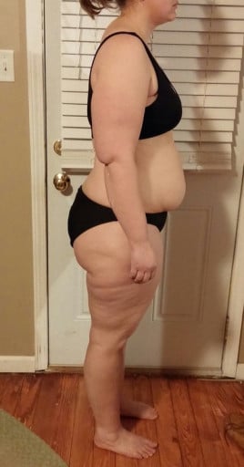 A before and after photo of a 5'8" female showing a snapshot of 227 pounds at a height of 5'8