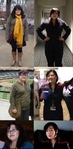 A picture of a 5'2" female showing a weight loss from 180 pounds to 150 pounds. A respectable loss of 30 pounds.