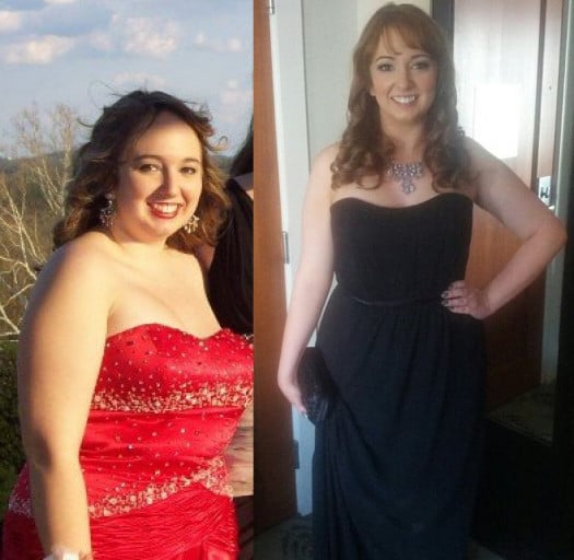 A progress pic of a 5'4" woman showing a fat loss from 190 pounds to 140 pounds. A respectable loss of 50 pounds.