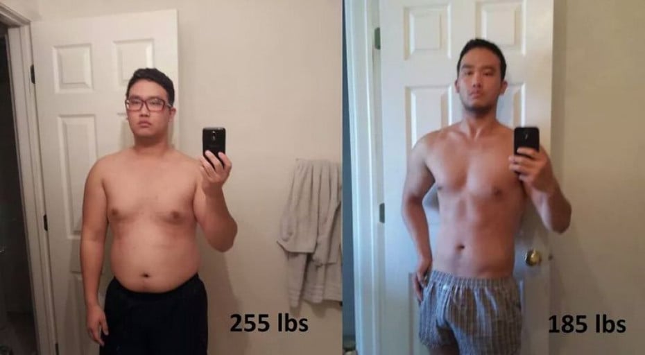 A progress pic of a 5'11" man showing a fat loss from 255 pounds to 185 pounds. A net loss of 70 pounds.
