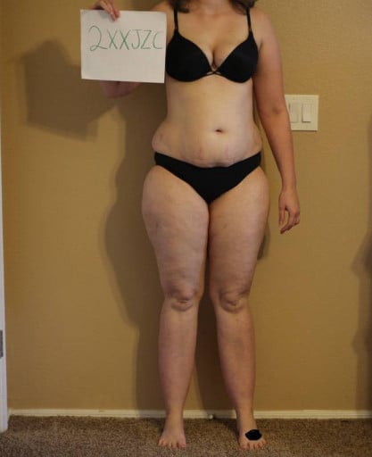A before and after photo of a 5'9" female showing a snapshot of 173 pounds at a height of 5'9