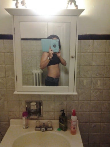 A progress pic of a 5'3" woman showing a weight loss from 182 pounds to 124 pounds. A respectable loss of 58 pounds.
