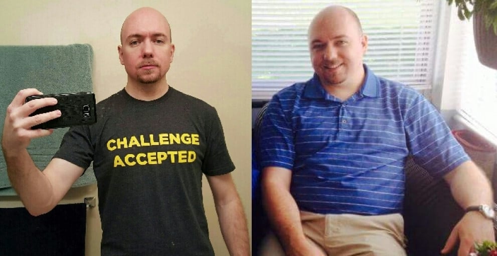 A photo of a 5'8" man showing a weight cut from 230 pounds to 168 pounds. A total loss of 62 pounds.