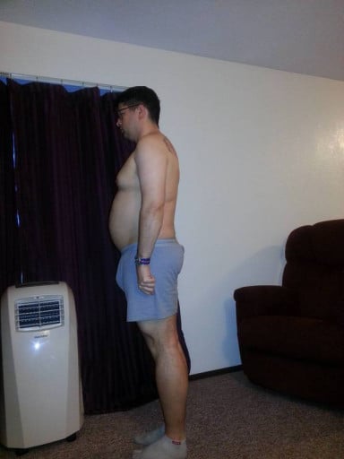 A before and after photo of a 5'8" male showing a snapshot of 201 pounds at a height of 5'8