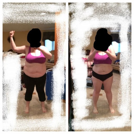 A before and after photo of a 5'5" female showing a weight reduction from 242 pounds to 194 pounds. A net loss of 48 pounds.