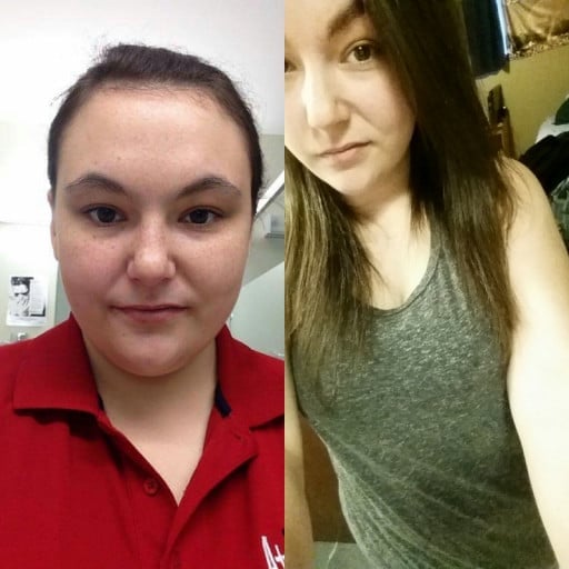 A progress pic of a 5'6" woman showing a weight cut from 220 pounds to 181 pounds. A net loss of 39 pounds.