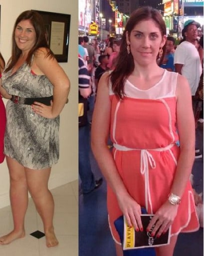 A progress pic of a 5'7" woman showing a fat loss from 210 pounds to 140 pounds. A respectable loss of 70 pounds.