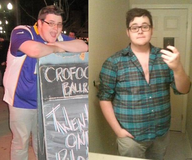 A progress pic of a 6'2" man showing a fat loss from 310 pounds to 280 pounds. A net loss of 30 pounds.
