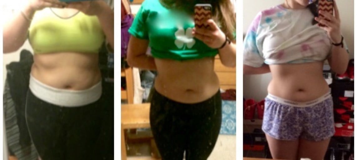 A progress pic of a 5'2" woman showing a fat loss from 169 pounds to 157 pounds. A net loss of 12 pounds.