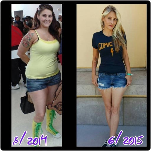A before and after photo of a 5'4" female showing a weight reduction from 165 pounds to 119 pounds. A respectable loss of 46 pounds.