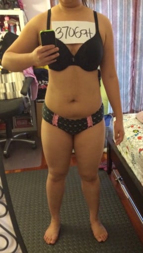 A before and after photo of a 5'4" female showing a snapshot of 151 pounds at a height of 5'4