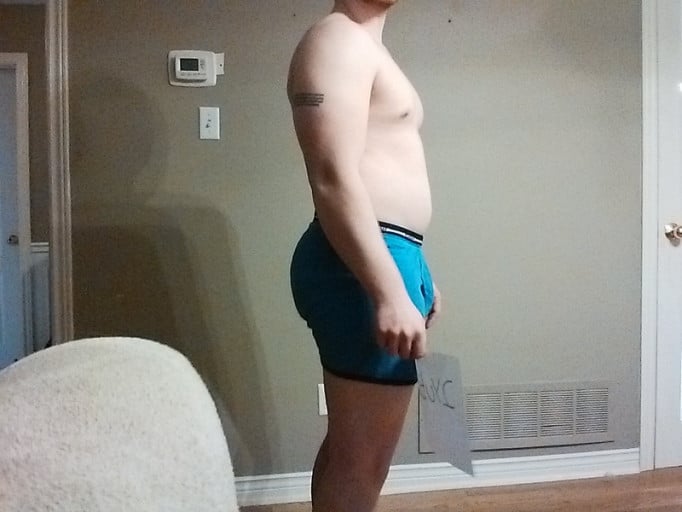 A before and after photo of a 5'10" male showing a snapshot of 185 pounds at a height of 5'10