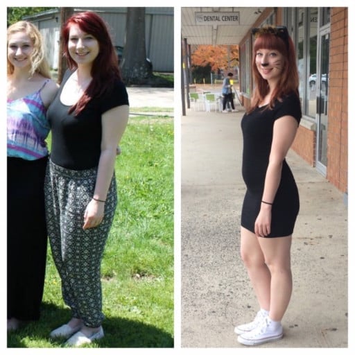 A before and after photo of a 5'3" female showing a weight reduction from 167 pounds to 139 pounds. A respectable loss of 28 pounds.