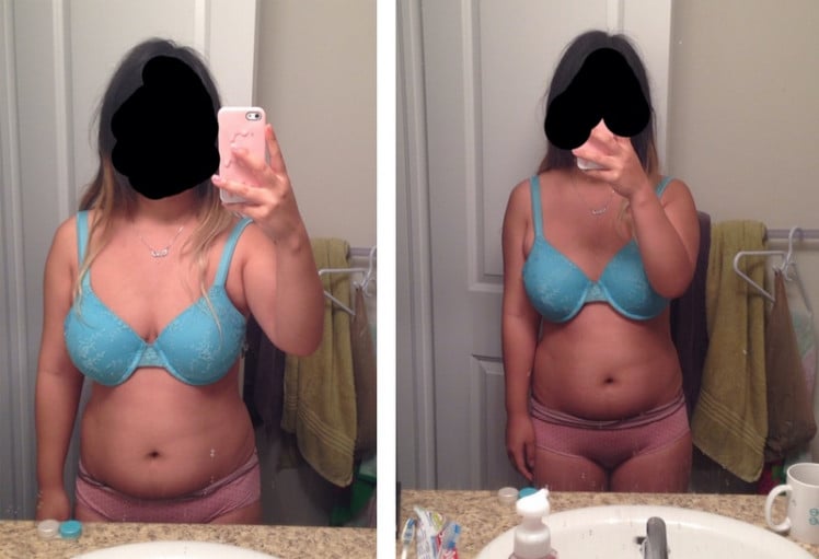 A picture of a 5'4" female showing a fat loss from 155 pounds to 130 pounds. A net loss of 25 pounds.