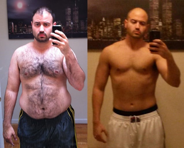 A picture of a 5'11" male showing a weight loss from 240 pounds to 190 pounds. A respectable loss of 50 pounds.