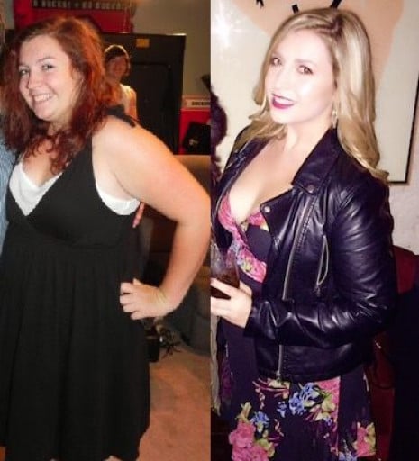 A progress pic of a 5'6" woman showing a fat loss from 235 pounds to 170 pounds. A respectable loss of 65 pounds.