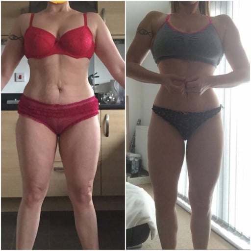 A before and after photo of a 5'8" female showing a weight reduction from 182 pounds to 158 pounds. A net loss of 24 pounds.