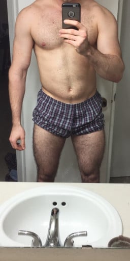A progress pic of a 6'1" man showing a weight bulk from 155 pounds to 180 pounds. A total gain of 25 pounds.