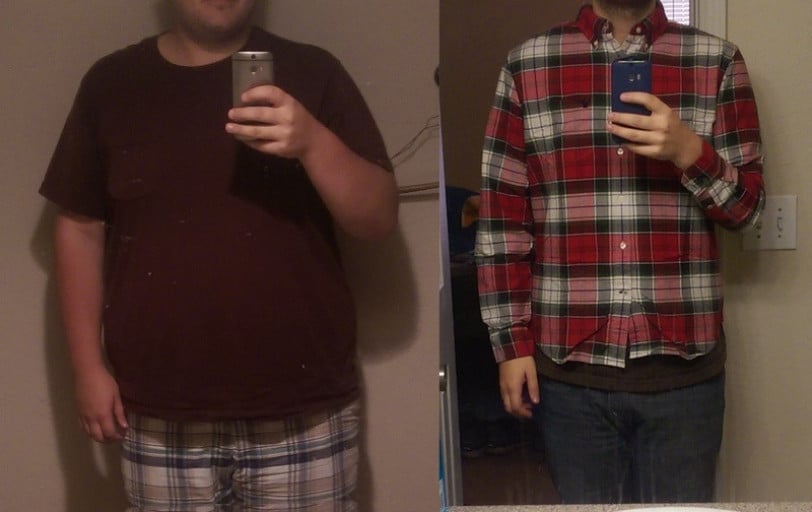 A before and after photo of a 6'2" male showing a weight reduction from 335 pounds to 215 pounds. A respectable loss of 120 pounds.