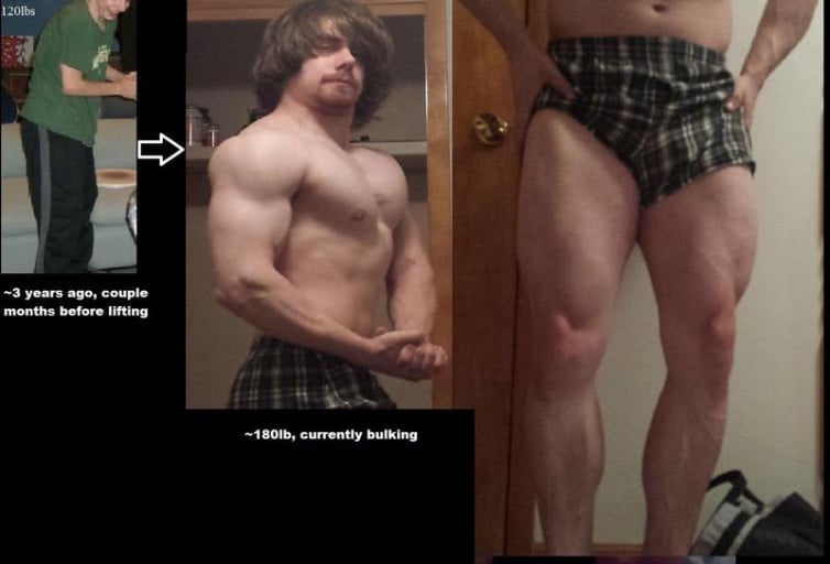 A before and after photo of a 5'7" male showing a weight bulk from 120 pounds to 180 pounds. A respectable gain of 60 pounds.