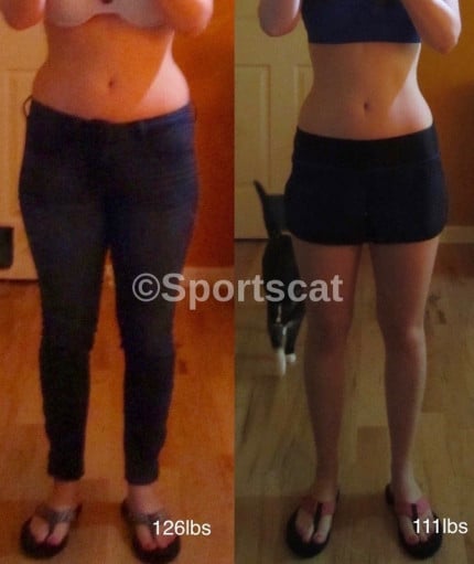 A picture of a 5'2" female showing a weight loss from 126 pounds to 111 pounds. A respectable loss of 15 pounds.