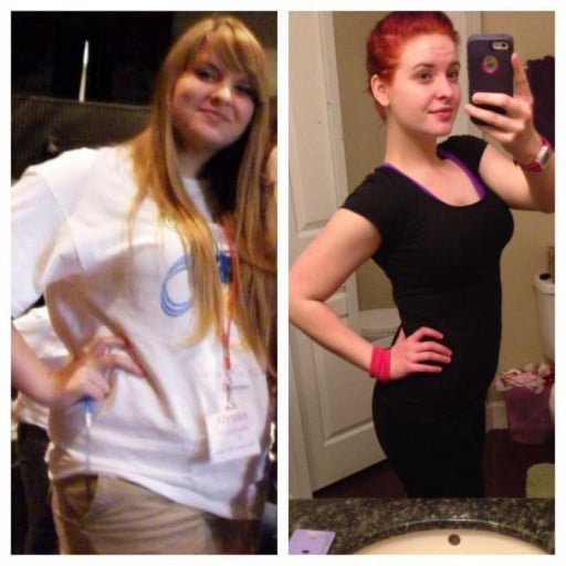 A progress pic of a 5'5" woman showing a fat loss from 195 pounds to 147 pounds. A total loss of 48 pounds.