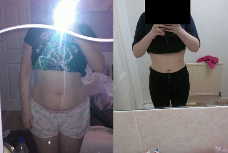 A progress pic of a 5'5" woman showing a fat loss from 175 pounds to 153 pounds. A total loss of 22 pounds.