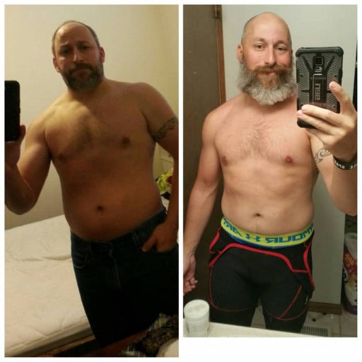 A photo of a 5'7" man showing a weight cut from 215 pounds to 173 pounds. A total loss of 42 pounds.