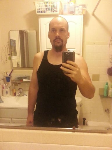 A progress pic of a 6'0" man showing a weight loss from 299 pounds to 209 pounds. A respectable loss of 90 pounds.