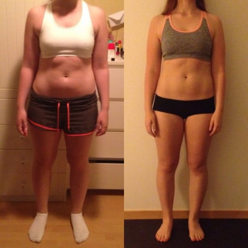A picture of a 5'4" female showing a weight loss from 158 pounds to 136 pounds. A net loss of 22 pounds.