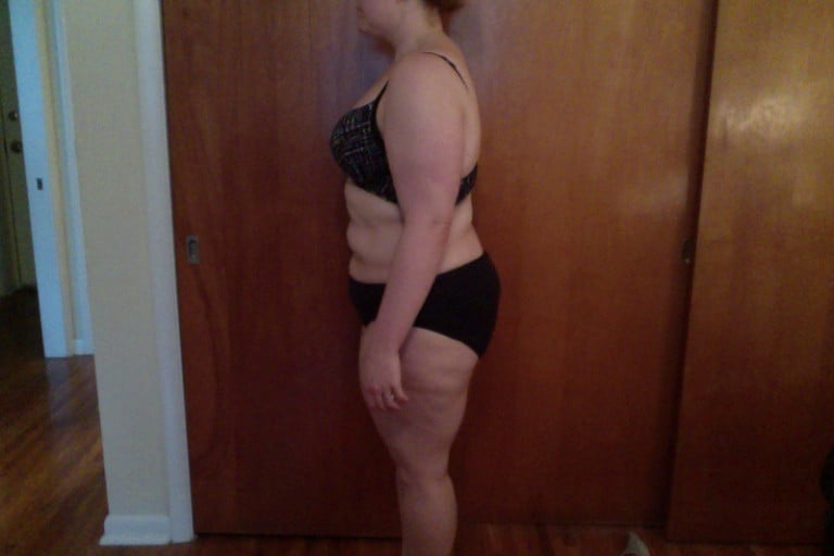 A progress pic of a 5'7" woman showing a snapshot of 230 pounds at a height of 5'7