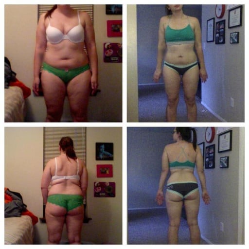 A progress pic of a 5'6" woman showing a fat loss from 201 pounds to 170 pounds. A net loss of 31 pounds.