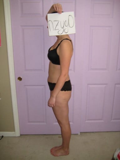 A before and after photo of a 5'10" female showing a snapshot of 156 pounds at a height of 5'10