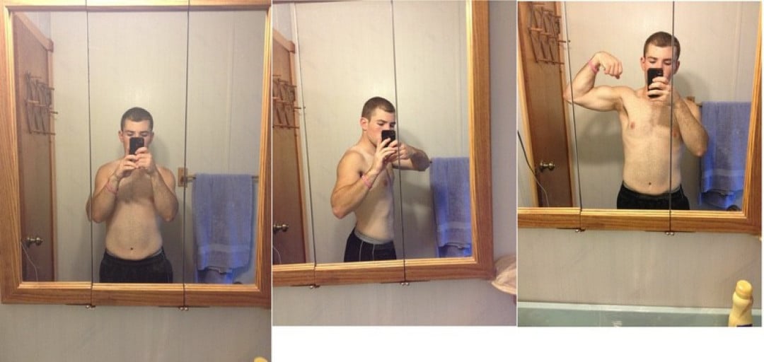 A progress pic of a 5'7" man showing a weight reduction from 210 pounds to 150 pounds. A net loss of 60 pounds.