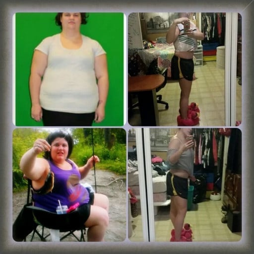 A photo of a 5'4" woman showing a weight cut from 268 pounds to 169 pounds. A total loss of 99 pounds.