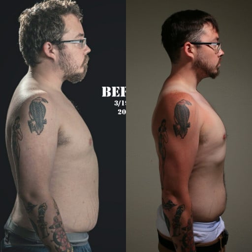 A progress pic of a 5'7" man showing a fat loss from 215 pounds to 180 pounds. A total loss of 35 pounds.