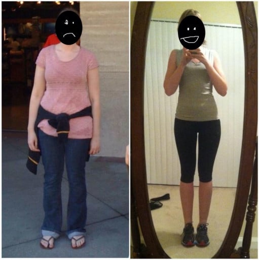 A progress pic of a 5'7" woman showing a fat loss from 158 pounds to 134 pounds. A total loss of 24 pounds.