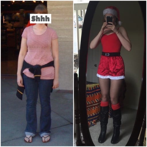 A before and after photo of a 5'7" female showing a weight reduction from 158 pounds to 142 pounds. A net loss of 16 pounds.