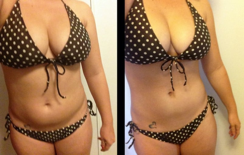 A picture of a 5'3" female showing a weight loss from 165 pounds to 155 pounds. A total loss of 10 pounds.