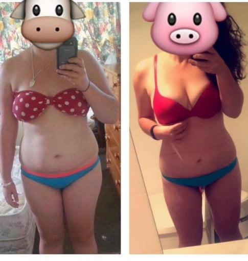 A progress pic of a 5'6" woman showing a fat loss from 190 pounds to 165 pounds. A total loss of 25 pounds.