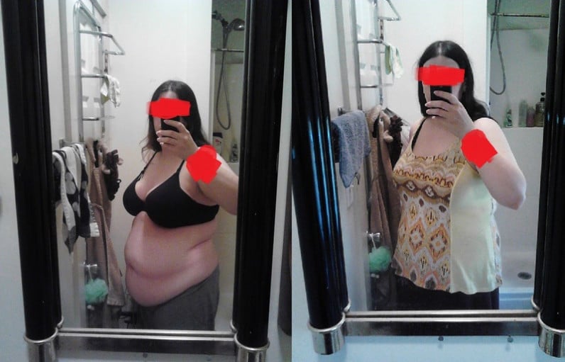 A photo of a 5'8" woman showing a weight cut from 250 pounds to 218 pounds. A net loss of 32 pounds.