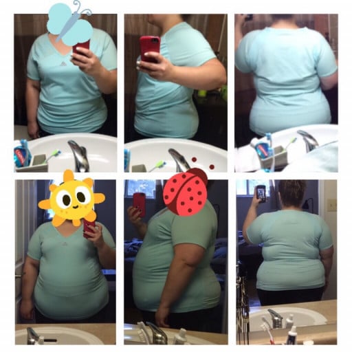 A before and after photo of a 5'0" female showing a weight reduction from 253 pounds to 215 pounds. A total loss of 38 pounds.