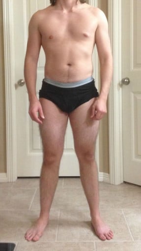 A before and after photo of a 5'8" male showing a snapshot of 155 pounds at a height of 5'8