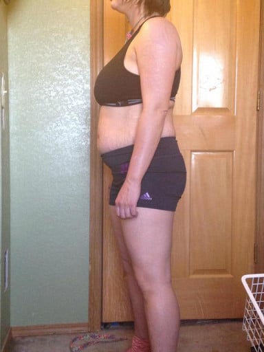 A before and after photo of a 5'2" female showing a snapshot of 148 pounds at a height of 5'2