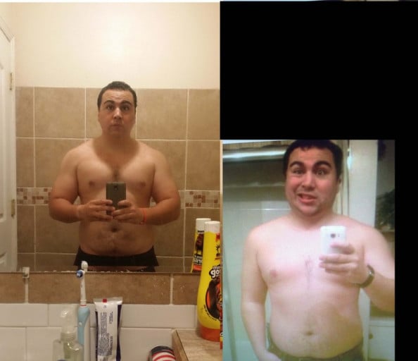 A picture of a 5'9" male showing a weight loss from 260 pounds to 220 pounds. A net loss of 40 pounds.