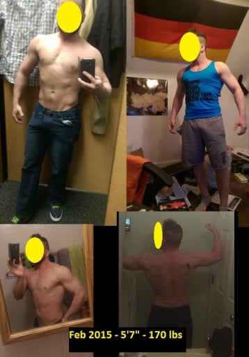 A progress pic of a 5'7" man showing a weight reduction from 210 pounds to 170 pounds. A total loss of 40 pounds.