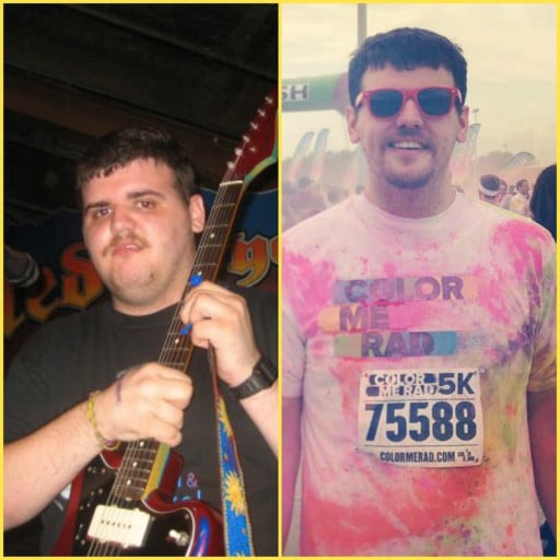 A before and after photo of a 5'10" male showing a weight reduction from 265 pounds to 180 pounds. A net loss of 85 pounds.