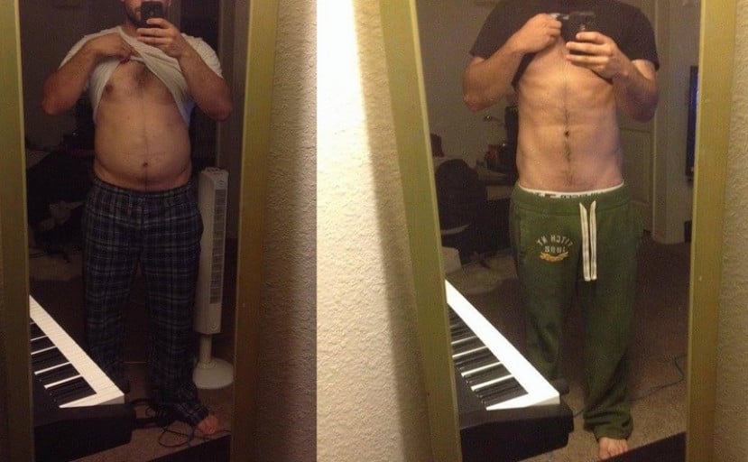A before and after photo of a 6'1" male showing a weight reduction from 238 pounds to 216 pounds. A respectable loss of 22 pounds.